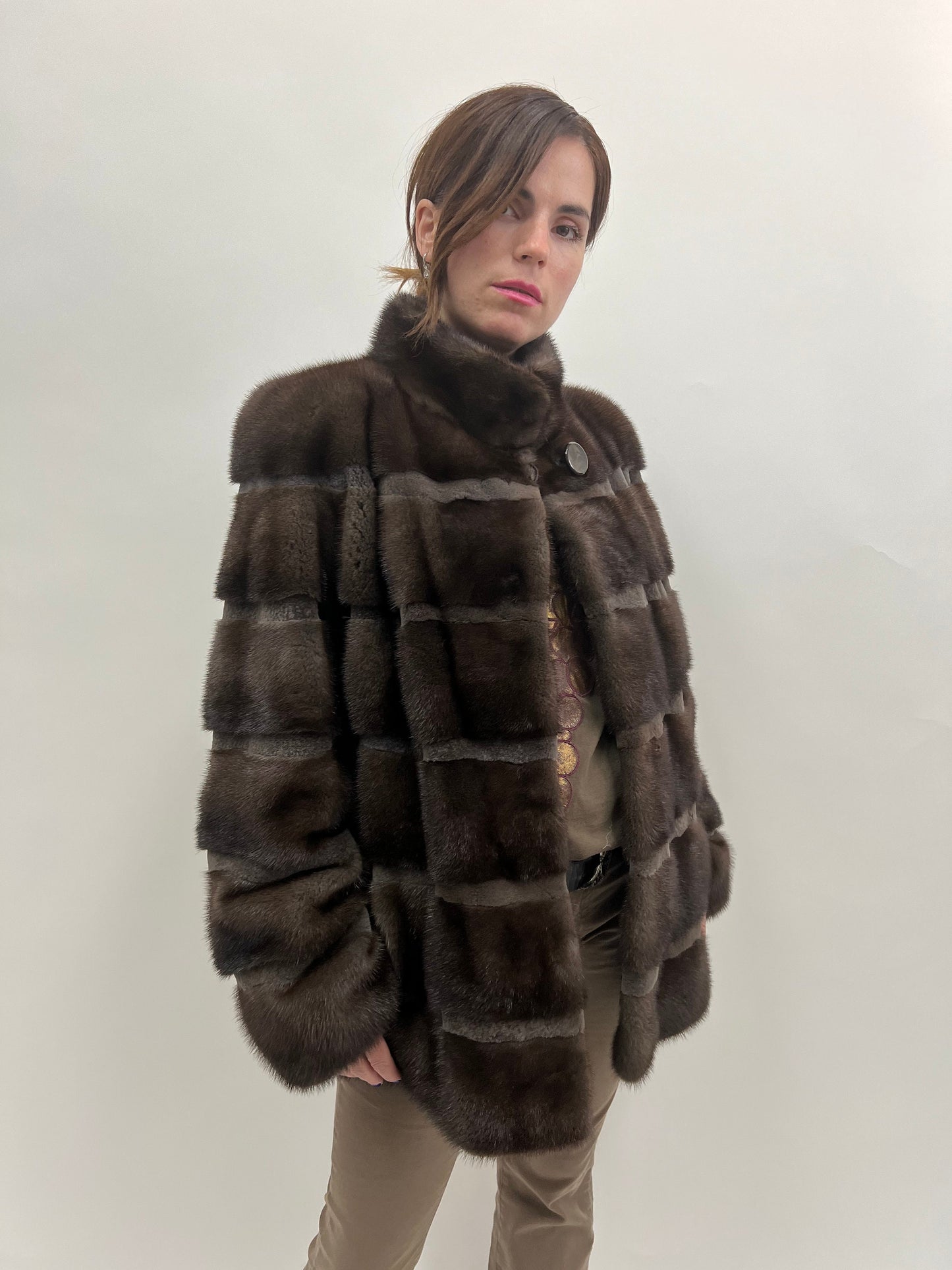 Brown Mink Fur Coat, Saga Sheared Trim, Handmade in Greece